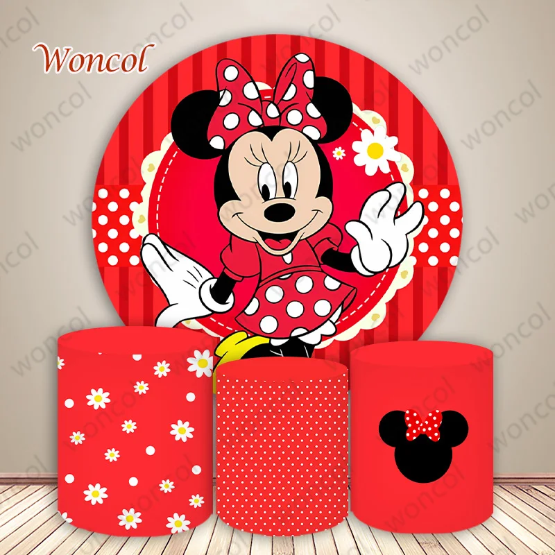 

Minnie Mouse Round Cover Girls Birthday Baby Shower Backdrop Daisy Polka Dot Minnie Mouse Head Cylinder Cover Party Decor Prop