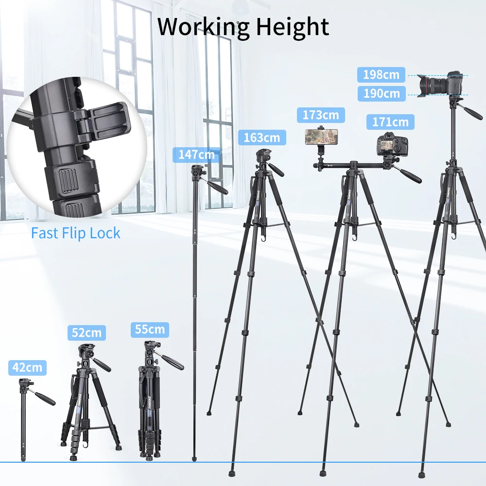 RT20H Horizontal Camera Tripod & Monopod with 360° Head Lightweight Travel Aluminum Professional Tripod Stand for DSlLR Phone