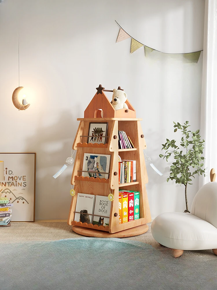 Christmas tree house rotating bookshelf all solid wood bookcase reading picture book rack storage cabinet room