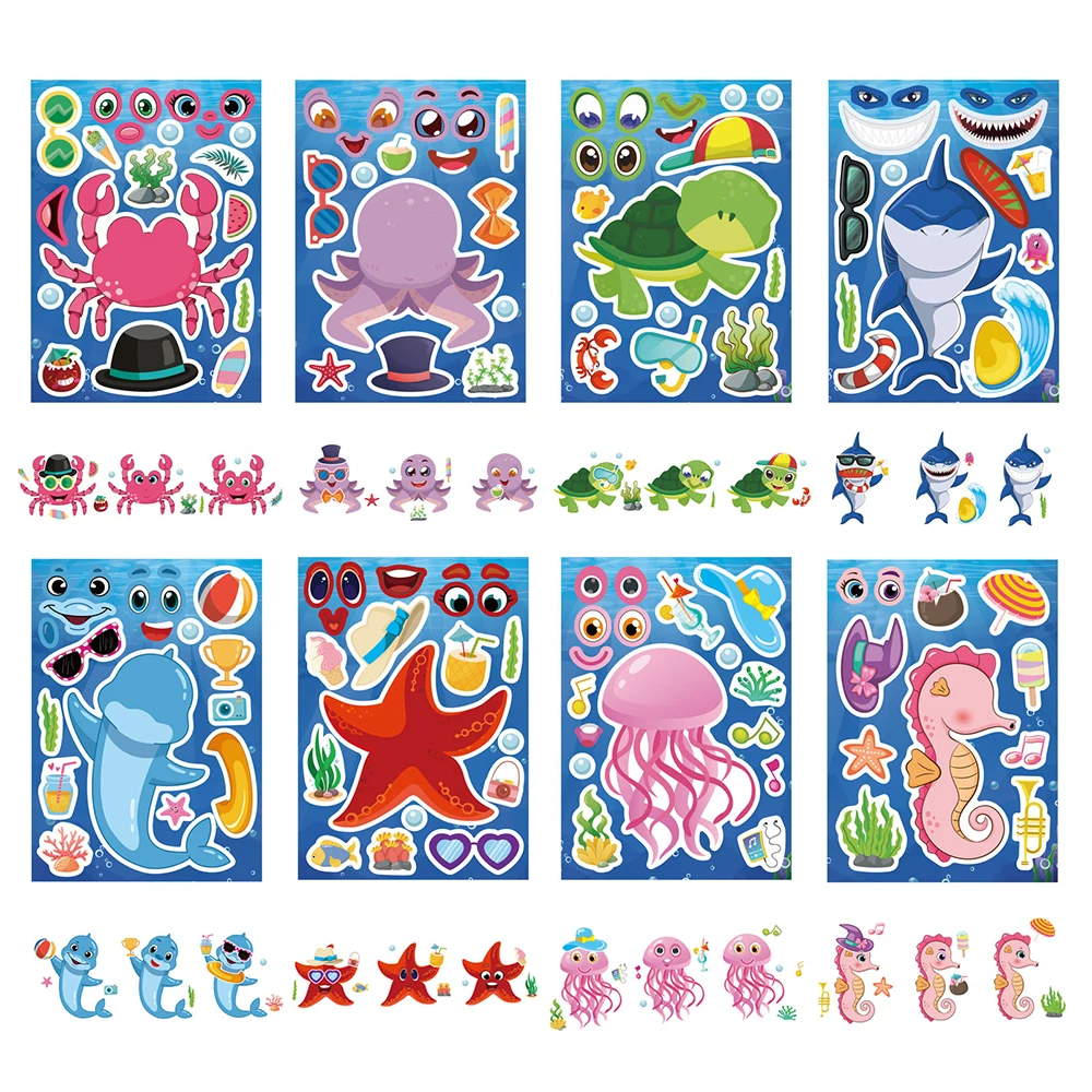 8/16Sheets DIY Marine Animal Make a Face Jigsaw Puzzle Stickers Blue Sea Assemble Toys For Kids Funny Game Children Party Favor