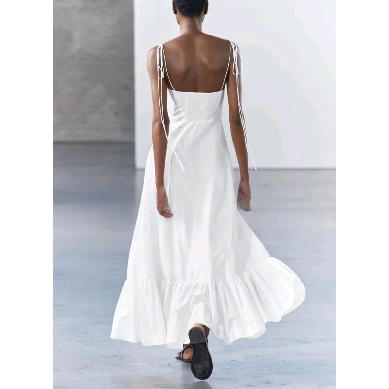 Vestido longo de seda sem mangas com decoração em camadas de laço de borboleta e gola de coração branca, estilo primavera, ci...