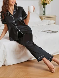 Women's Pajama Pocket Heart Embroidered Pajama Set Satin Comfortable Short Sleeve Button Pajama Lounge Pant For Women Sleepwear