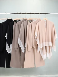 Knitted 3 Pieces Set Women Color Block Shawl + Half High Neck  Full Sleeve Top + Wide Leg Trousers Fashion Vintage Style