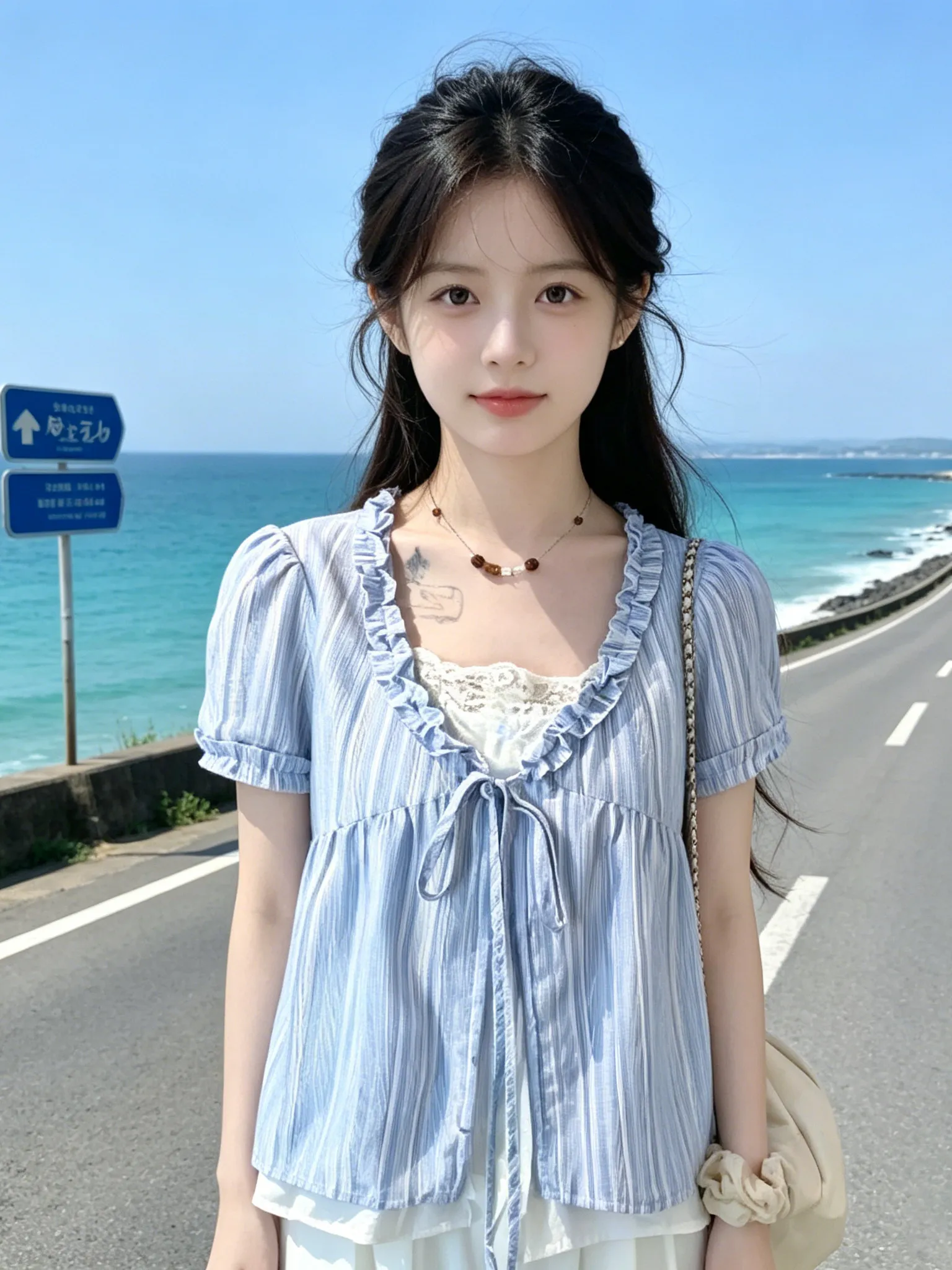

Blue Striped Tie-Detail Loose Short Sleeve Doll Shirt Women's Summer Design Sense Faux Two-Piece Earlet Banded Blouse Top