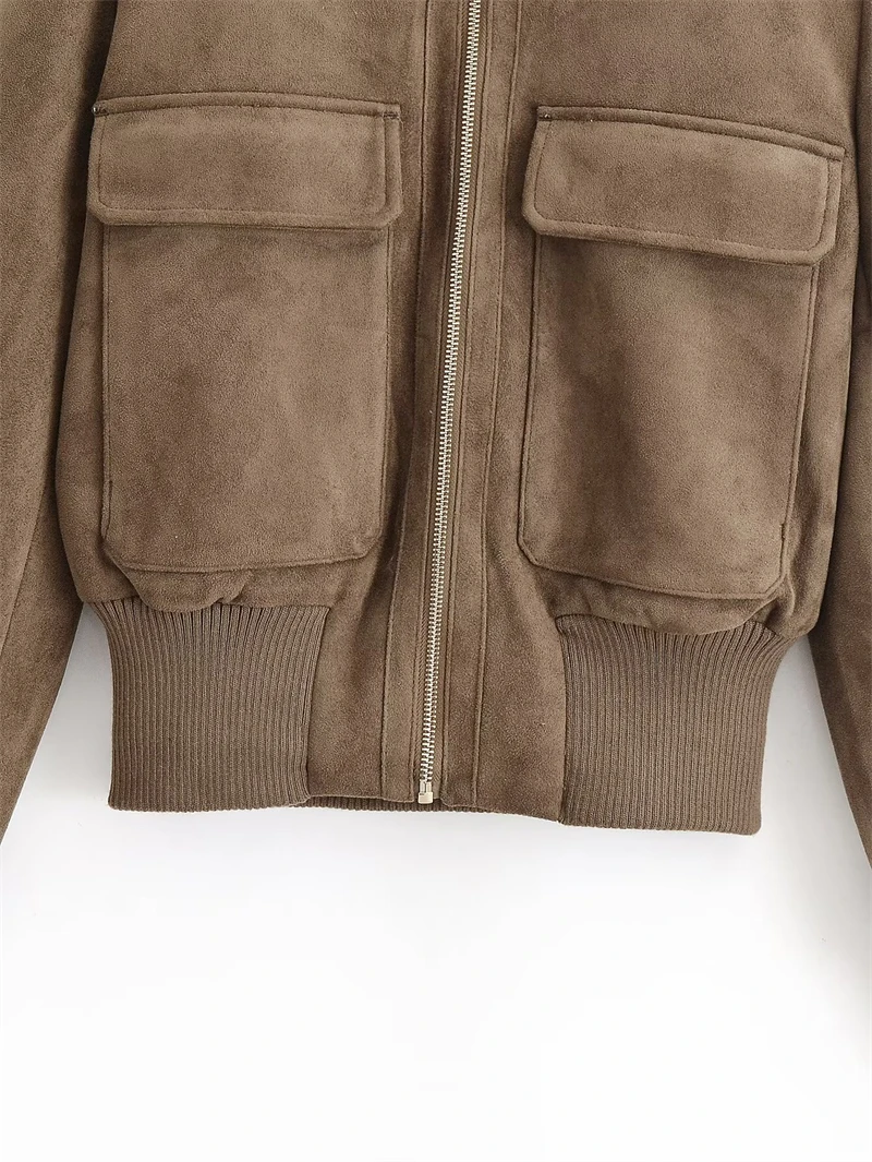 Guobioziy 2026 Fall Women’s Stand Collar Pilot Jacket Vintage Slim Fit with Front Zipper Functional Pockets Ribbed Hem Street