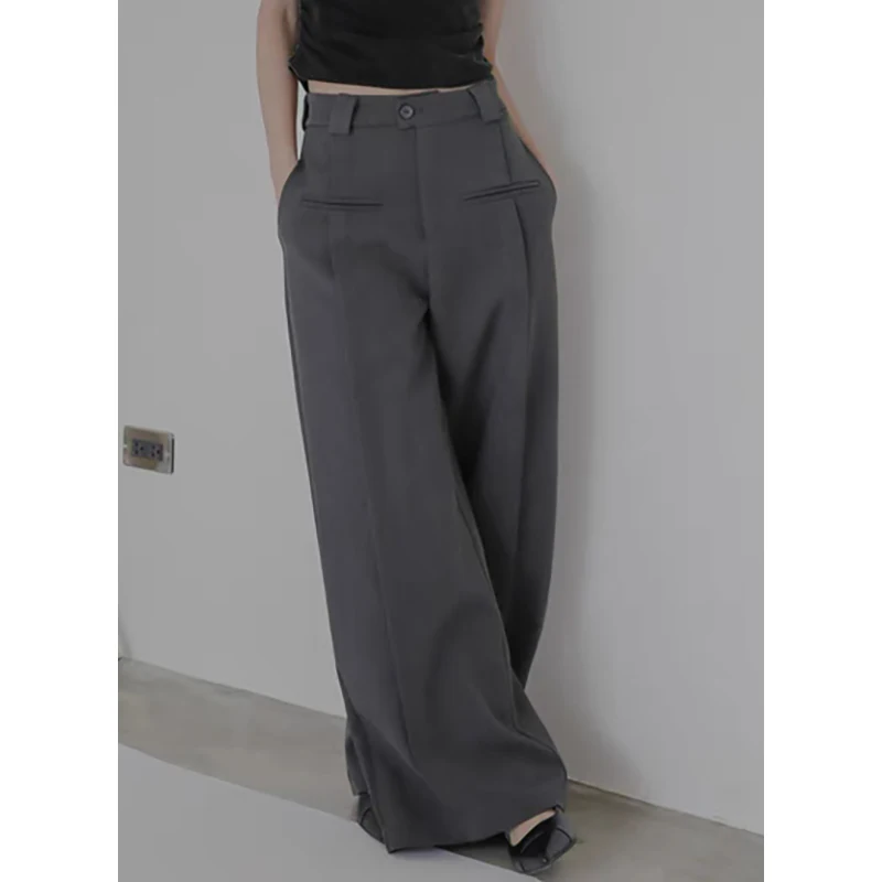 PBAP خمر مطوي رمادي دعوى السراويل النساء الصلبة لصق جيوب عالية الخصر ثنيات واسعة الساق السراويل الطويلة الصيف ملابس كاجوال #1