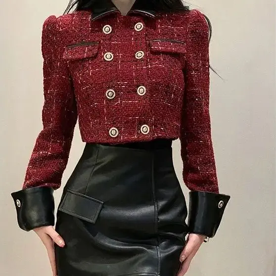 Temperament 2 Piece Sets Women Outfits Double High Quality Breasted Jackets High Waist Mini PU Skirt Suit Fashion Korean Set