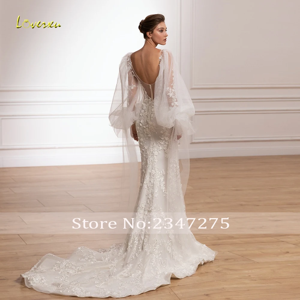 Loverxu Mermaid Graceful Wedding Dresses V-Neck Long Puff Sleeve Vestido De Novia Lace Appliques Custom Made Robe De Mariee