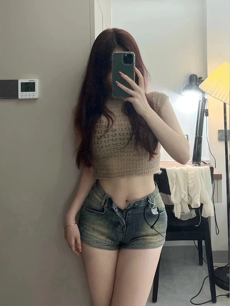 

Sexy Spicy Girl Elastic Faded Denim Hot Pants Women's plus Size Slimming A-Line Hot Pants Trendy High Waist Short Jeans