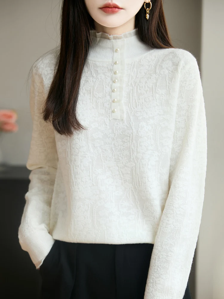 エレ ホワイト ニット セーター ボタン付き スタンドカラー レーストリム付き 女性用 ソフトラグジュアリー スレ ロングスベ レギュラーフィット