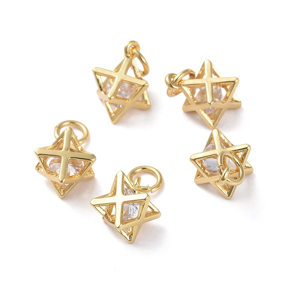 10pcs Hollow Merkaba Star Brass Charms with Clear Cubic Zirconia Inside for Necklace Key Chain Jewelry Making Gift 12.1x8.5x8.5m