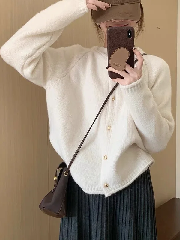 كارديجان نسائي محبوك بسيط بألوان نقية على الطراز الكوري، سترة ناعمة للخريف والشتاء، مقاس صغير بأسلوب كسول وحلو وفضفاض #2