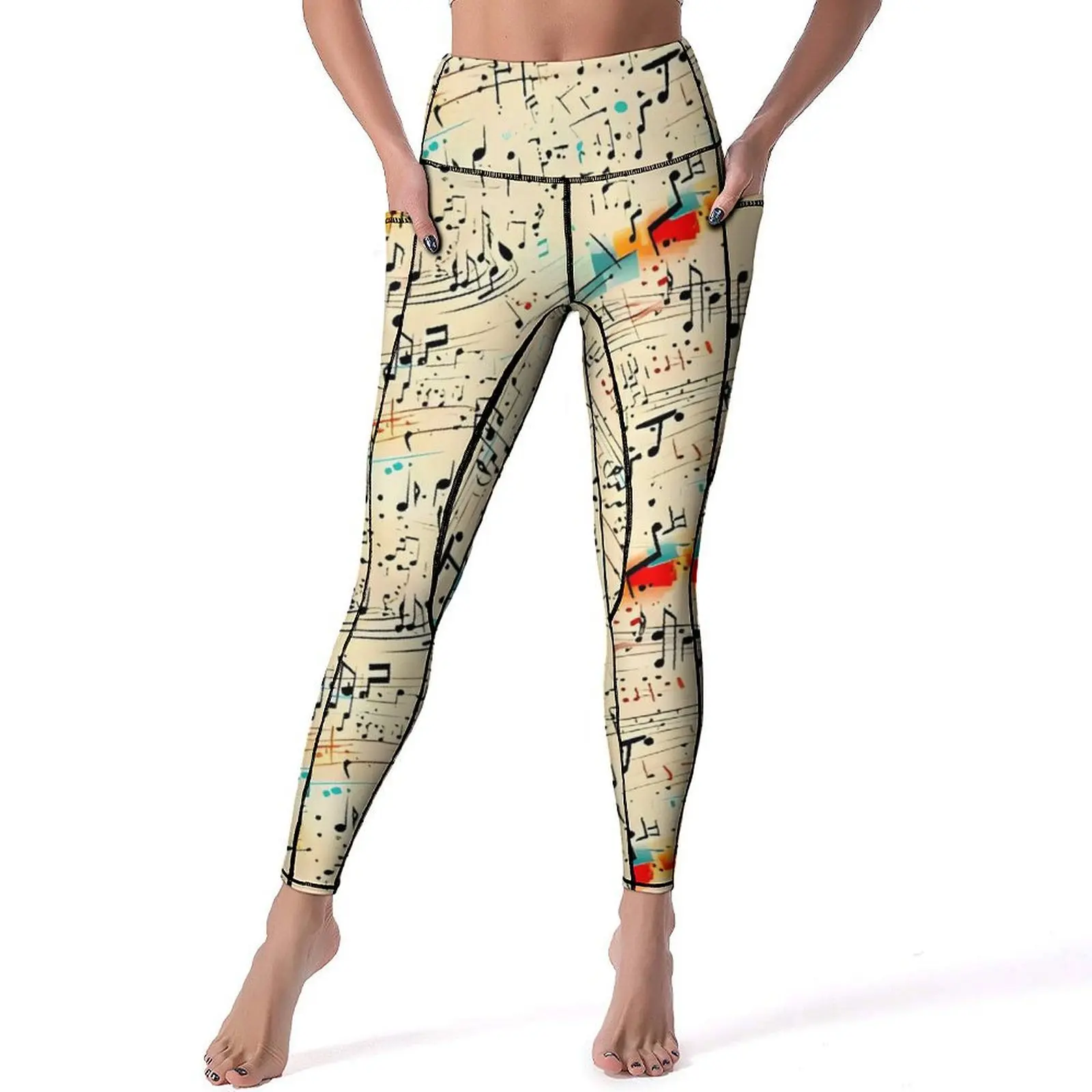 Modern Music Note Leggings Sexy Retro Print Work Out Yoga Pants High Waist Stretch Sport Legging Pockets Aesthetic Leggins