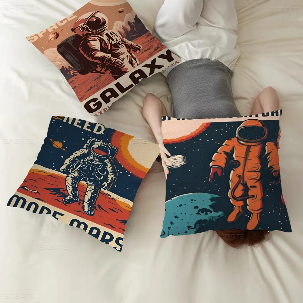 

Vintage Space Astronauts Rocket Ufo Aliens Spacecraft Pillow Covers Cartoon Sofa Decorative Home Double-sided Plush Cushion