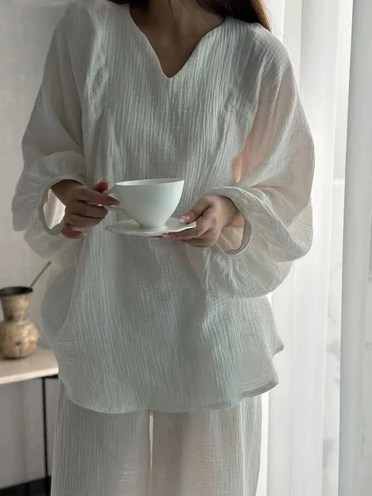 Pijama blanco de manga larga para mujer, conjunto de ropa de casa con cuello en V, holgado, informal, con burbujas arrugadas, versión coreana, primavera y otoño