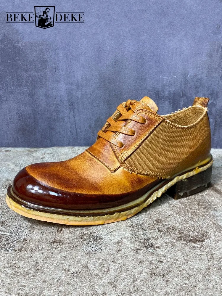 

Vintage Designer Mens Work Spliced Cowhide Genuine Leather Formal Shoes Lace Up Low Cut New Handmade Business Man Dress Shoes 45