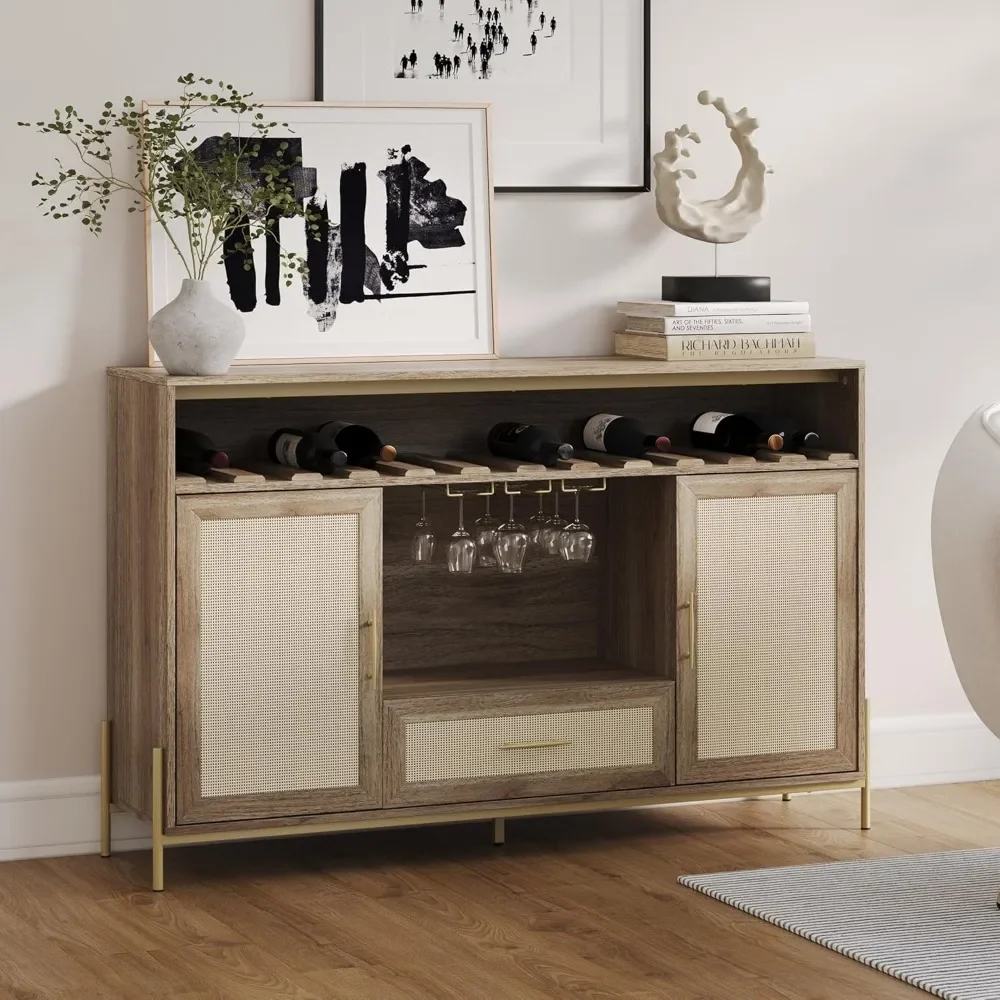 

55" Sideboard Buffet Cabinet with Wine Rack and Glass Holder, Boho Rattan Decorated Console Table