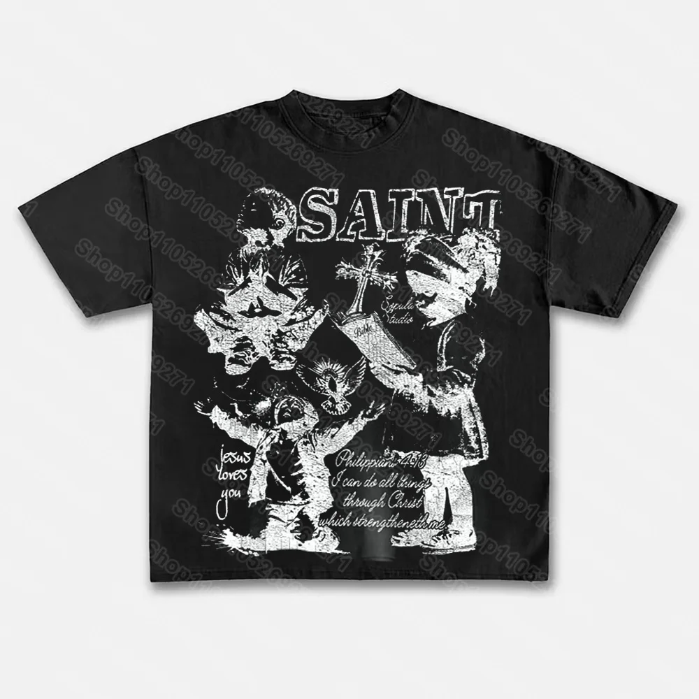 Saint Child of God Bible Prayer Graphic Print T-Shirt Unisex Crew Neck Short-sleeved Retro Street Y2K Casual Fashion Tops Cloths