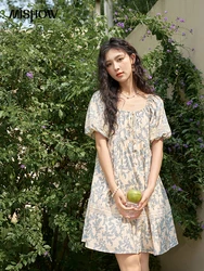 MISHOW French Floral Printing Dress for Women 2024 Summer Vacation U Neck Lace-up Bubble Sleeve Loose Doll Dresses MXD27L1898