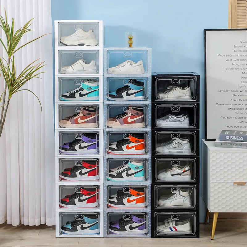 Dustproof Shoes Storage Boxes Transparent AJ Shoes Display Box with Magnetic Door Stackable Shoe Container Plastic Organizer