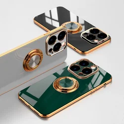 Luxury Magnet Soft Silicone Stand Cases For iPhone 17 16 15 14  Plus 13 12 11 Pro Max XS XR Soft Plating Ring Holder Covers