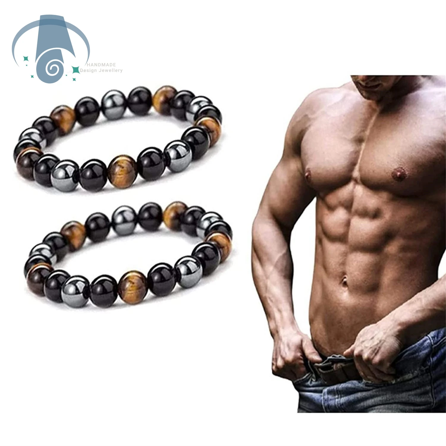 Natural Tri color Tiger Eye Stone Black Gallstones Imitation Black Agate Health Magnet Bracelet Men's Sports Elastic Rope Mixed