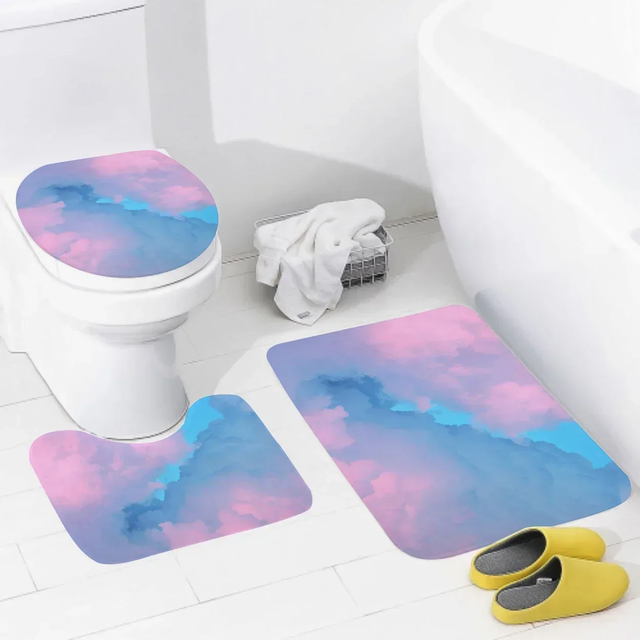 Colorful Sky Cloud Design Bathroom 3 Piece Set Mat Warm Home Flannel Decoration and Accessories Floor Rugs Toilet Cover 40x60 Cm