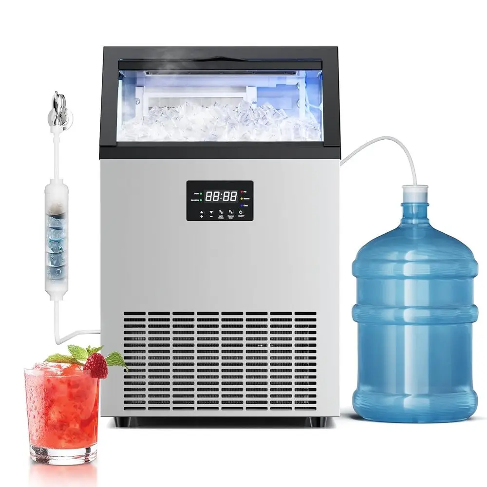 Industrial 150 lbs Ice Maker, 50 lbs Bin, Cubes in 5-15 Min, Stainless Steel, Self-Cleaning, Timer, Adjustable Thickness