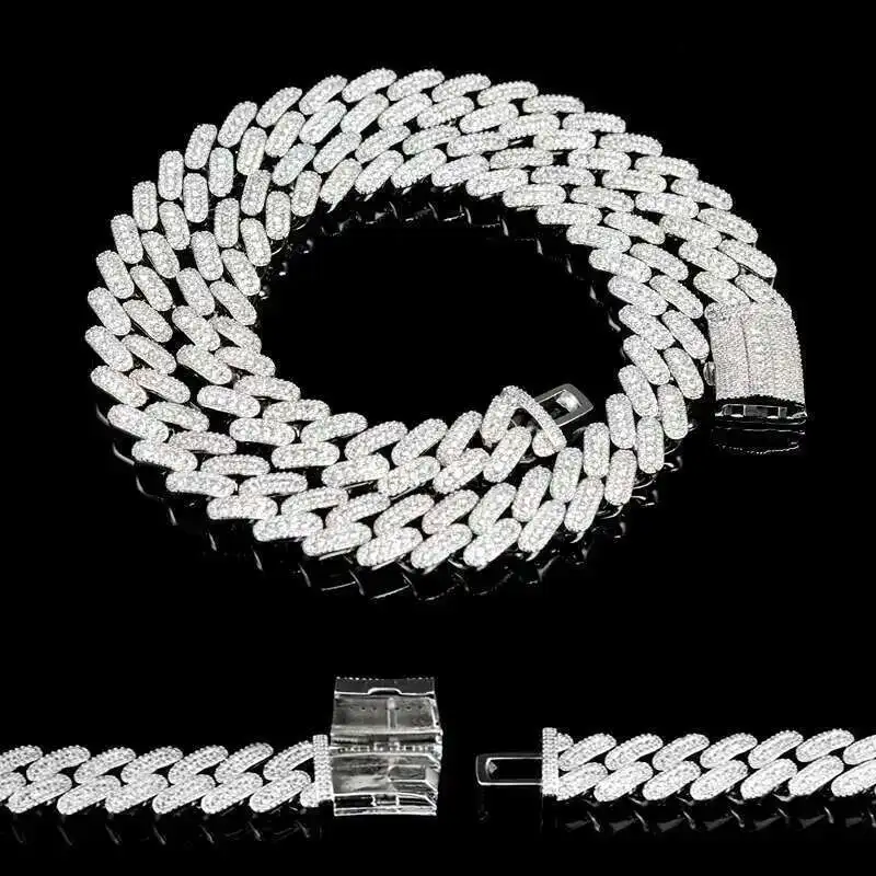 

14mm Hip Hop 925 Sterling Silver Vvs Moissanites Diamond Necklace Moissanite Cuban Chain Necklace for Men