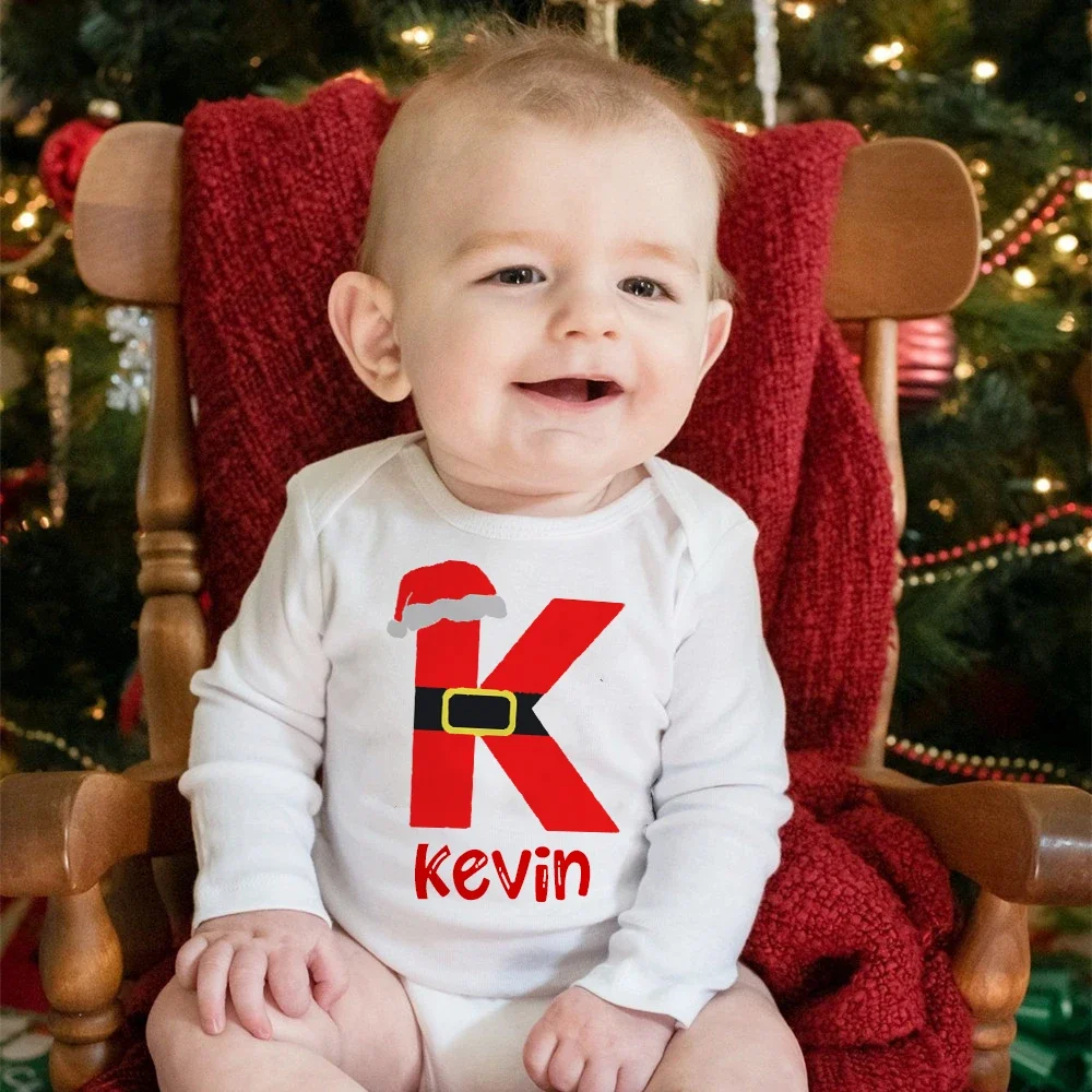 

Personalised Santa Hat Initial Print Baby Rompers Custom Name Newborn Christmas Party Clothes Boys Girls Infant Bodysuits Gifts