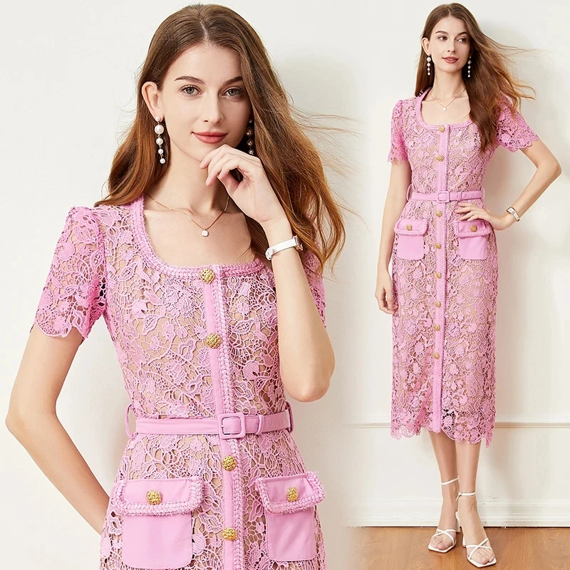 S-XXL New High Quality Summer Pink Lace Hollow Out Dress Luxury Women Square Collar Metal Buttons Embroidery Bodycon Midi Dress