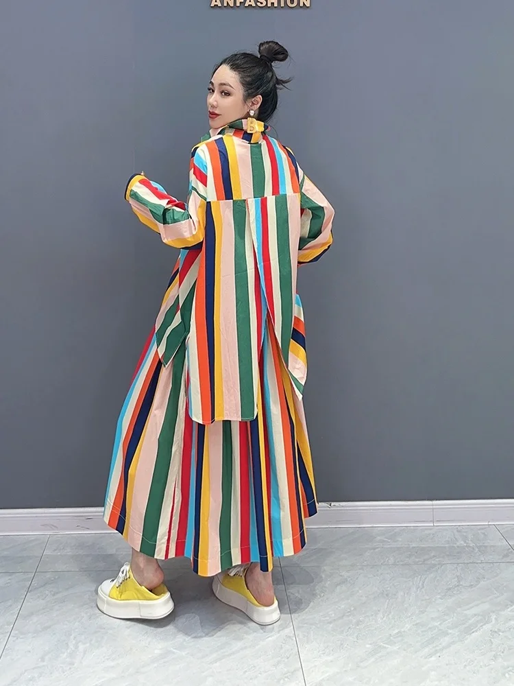 2023 Spring Autumn New Women Korean Style Casual Colorful Stripe POLO Collar Shirt Top Trendy Half Dress Two Piece Set ZY2121