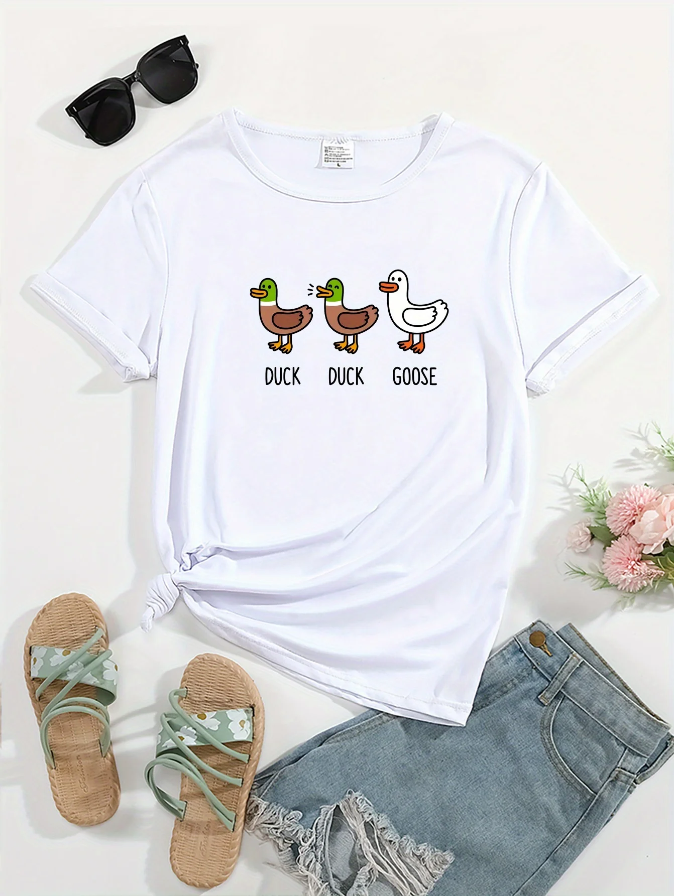 

Women'S Casual "Duck Duck Goose" Graphic T-Shirt Harajuku Short Sleeve Casual Clothing Street Aesthetic Clothes