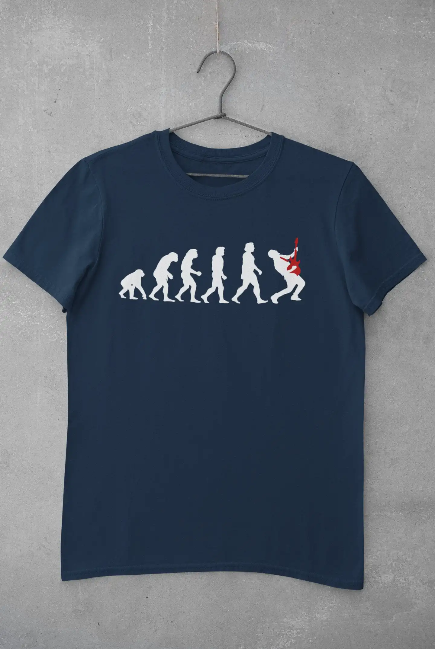 Evolution Of Guitar T Shirt from ape through prehistoric man to modern rocking