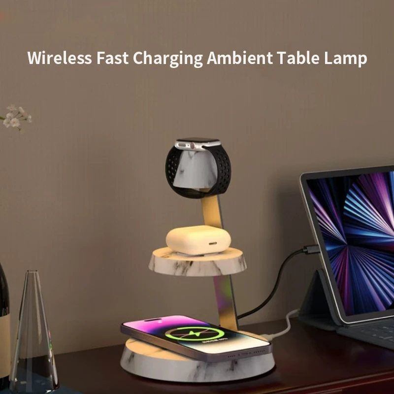 Foldable Desktop LED Light Charging Station High Power 3 in 1 Magnetic One Stop Cell Phone Wireless Charger Watch Charger