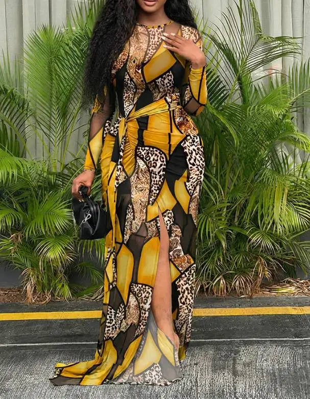 

Women's Long Skirt Set 2026 Summer Fashion New Leopard Print Color Blocked Printed T-Shirt High Waisted Hip Hugging Skirt Set