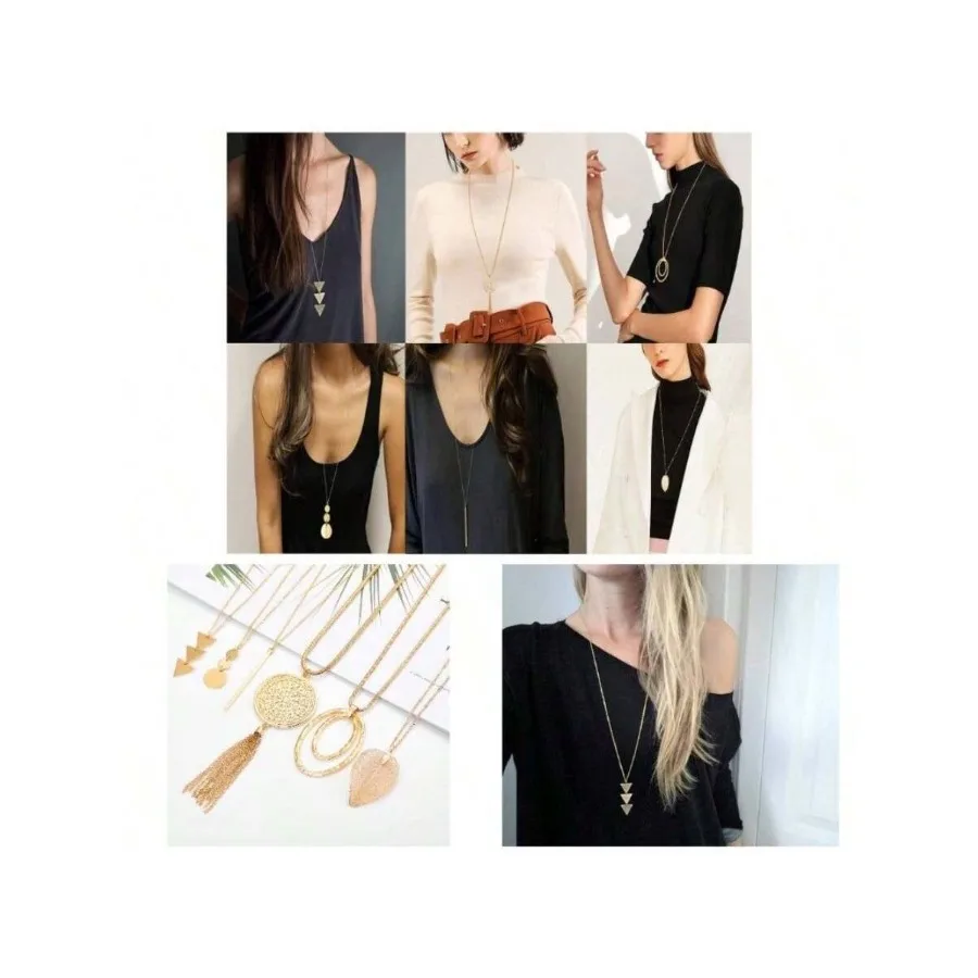 

6 PCS Long Pendant Necklace Women, Gold Bar Circle Leaf Tassel Y Necklace Set
