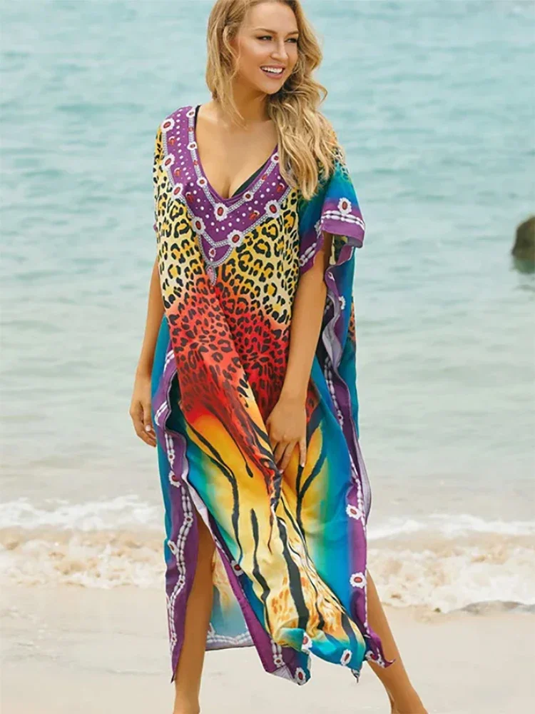 

Sunforyou Moo Moos Leopard Print Kafftan Dresses for Women Plus size Swimsuit Cover Up Sliky Caftans Loungewear Robe Pareos
