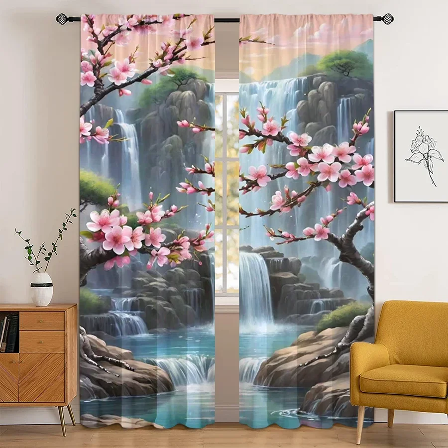 Beautiful Spring Cherry Blossom Waterfall Window Curtains for Living Room Home Decor Waterproof Curtain Panels