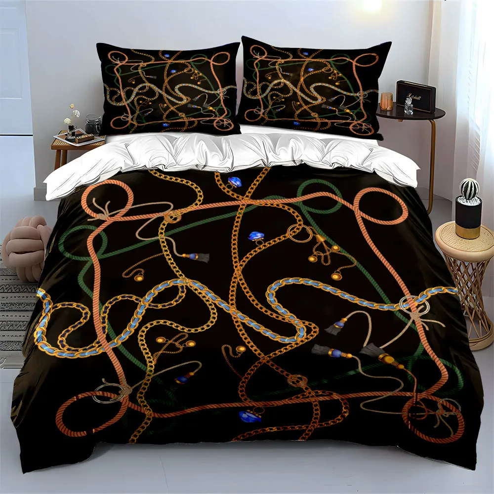 Rope and Gold Chain Pattern Bedding Set for Kids Luxury Gift 3pcs Digital Print Comforter Set Soft Comfortable Breathable