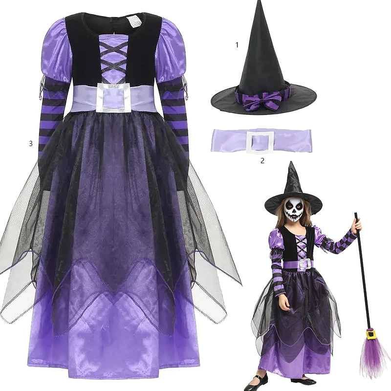 Costume da strega viola per bambini per Halloween Abito da mago da fata per ragazze Abiti da festa di carnevale Abito da vampiro