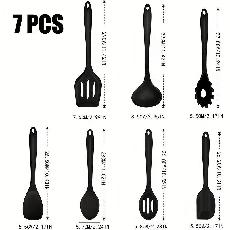 1 ‌   /Conjunto de utensílio de cozinha de silicone de 7 peças - Espátula antiaderente, colher, skimmer, clipe de macarrão e muito mais para cozinhar e assar