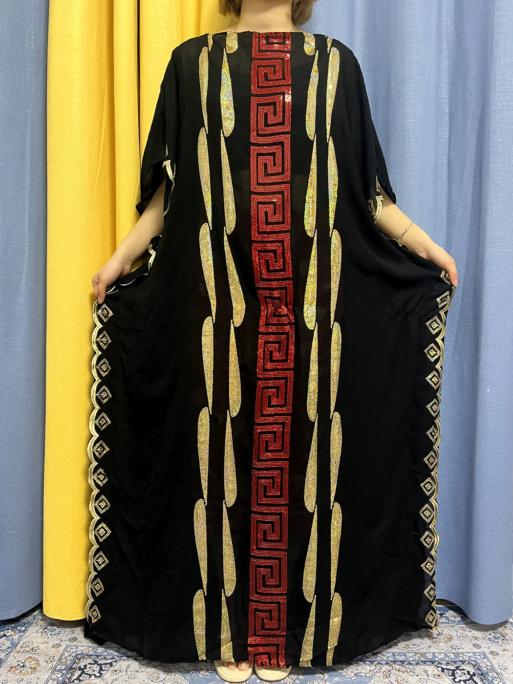 Abayas For Women Black Sequins Tulle Loose Robe African Woman Dresses Fashion Short Sleves Breathable Clothing With Headscarf