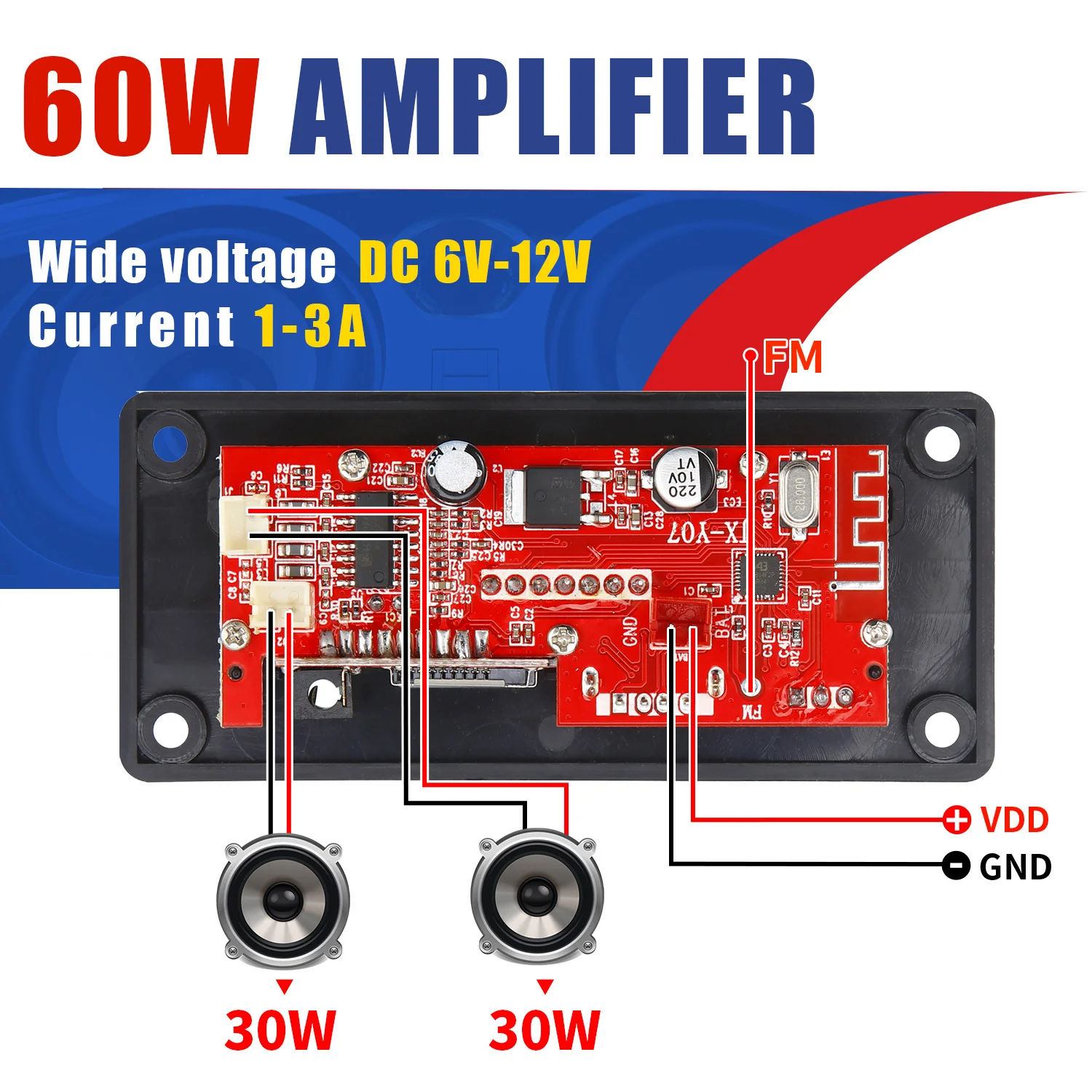 2*30W 60W Amplifier Car Audio USB TF FM Radio AUX Module Bluetooth 5.0 12V MP3 WMA Decoder Board MP3 Player with Remote Control