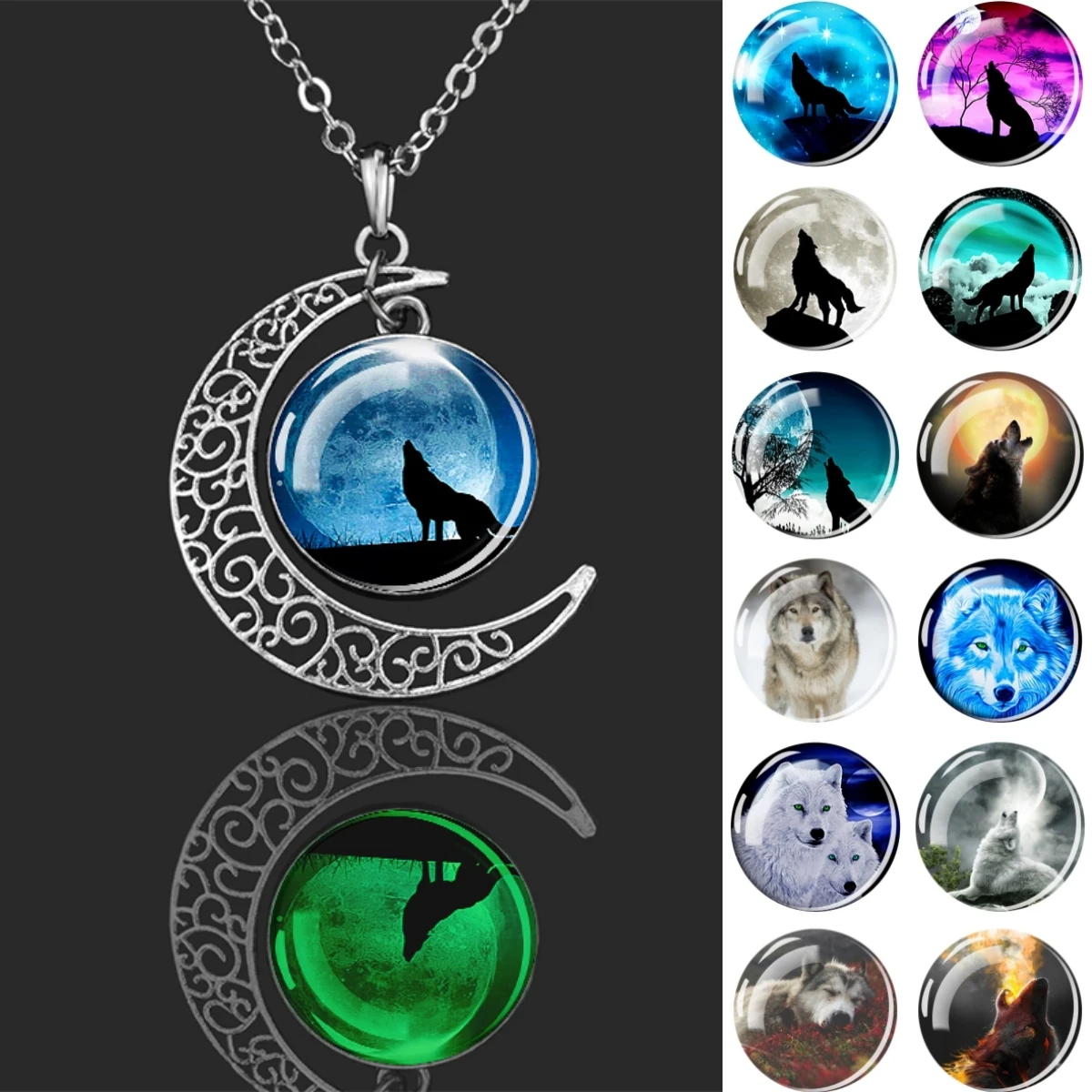 Moon Wolf Pendant Hollow Crescent Moon Necklaces Glow in The Night Glass Cabochon Jewelry Alloy Accessory Gift for Women