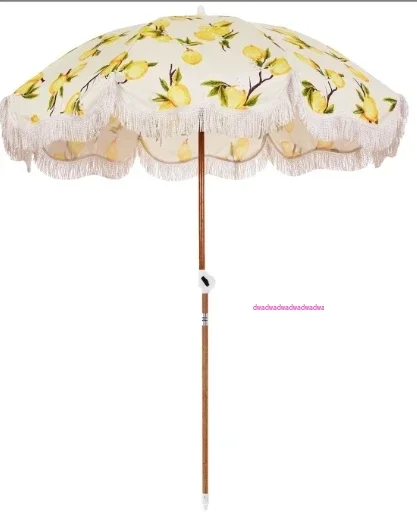 مظلات الشاطئ المظلات مع شرابات / بوهو خشبية مخصصة فاخرة محمولة 8 أقدام، عتيقة هامش الشمس في الهواء الطلق القطب قماش أصفر