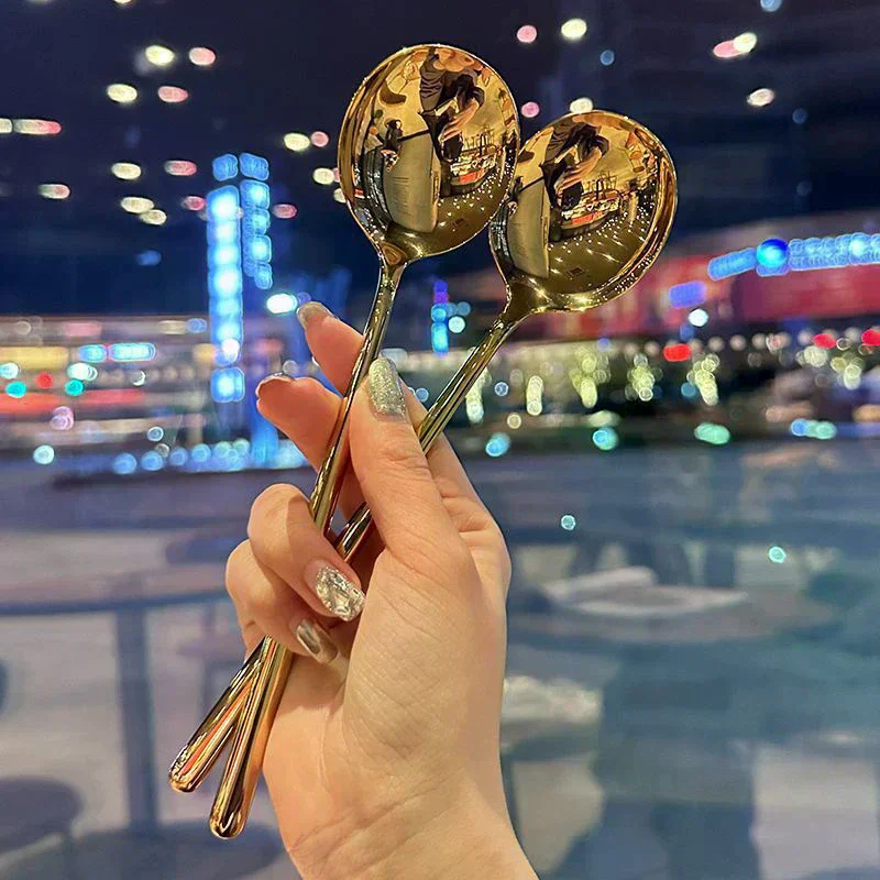 Big Head Round Spoon Net Red Golden Dinner Long Handle Stirring Dessert Spoons For Kitchen Accessories Gadgets Stainless Steel