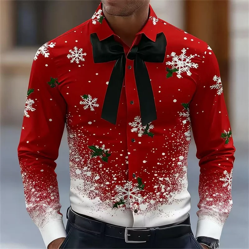 Christmas shirts for man Snowflake Bow Tie Christmas Shirt Long Sleeve Fashion Casual Holiday Gift Shirt Oversized Mens clothing