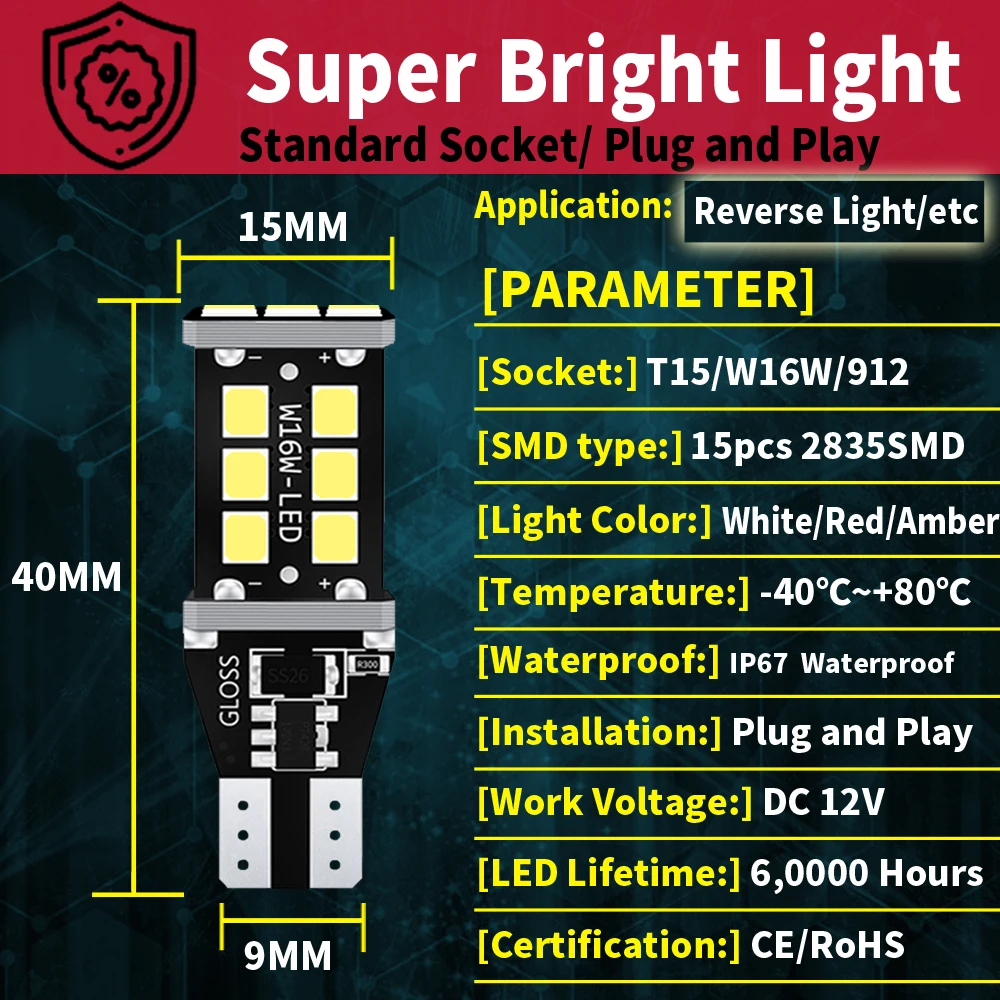 2x T15 W16W ليد فائق السطوع 15SMD 2835 921 912 LED Canbus لا خطأ سيارة احتياطية وقف الاحتياطي أضواء لمبة مصباح مكبح أحمر أبيض #3