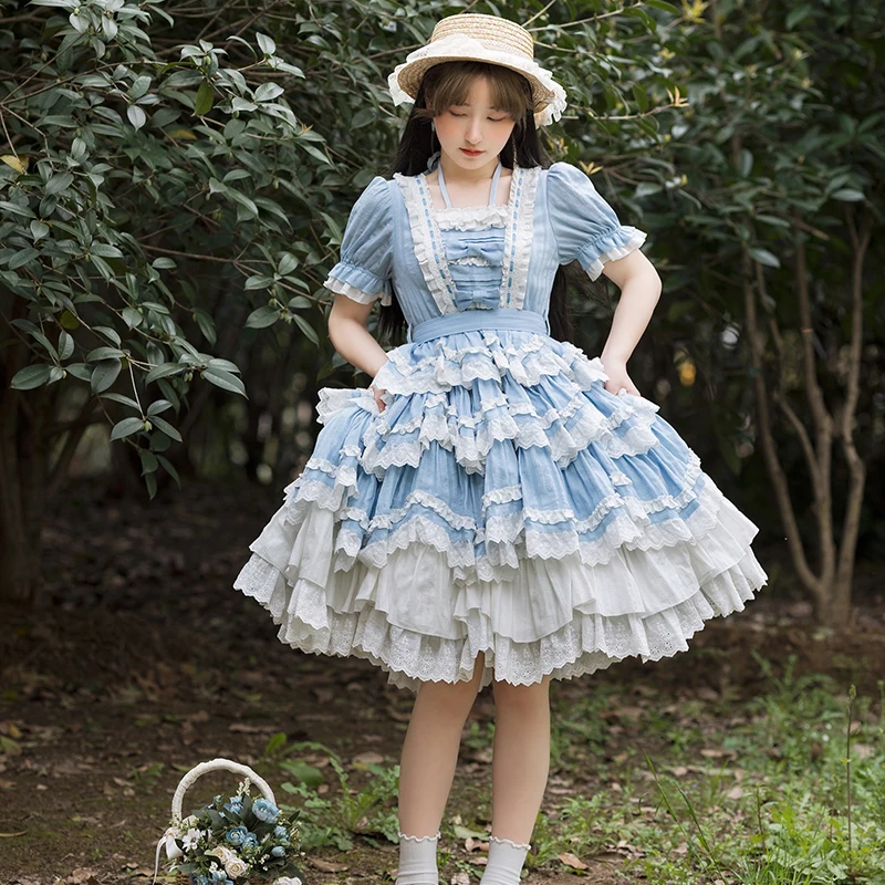 Robe japonaise Sweet Lolita pour filles, dentelle vintage, nœud papillon, bretelles croisées, taille haute, robe victorienne dégradée, Kawaii, Op Loli Cosp